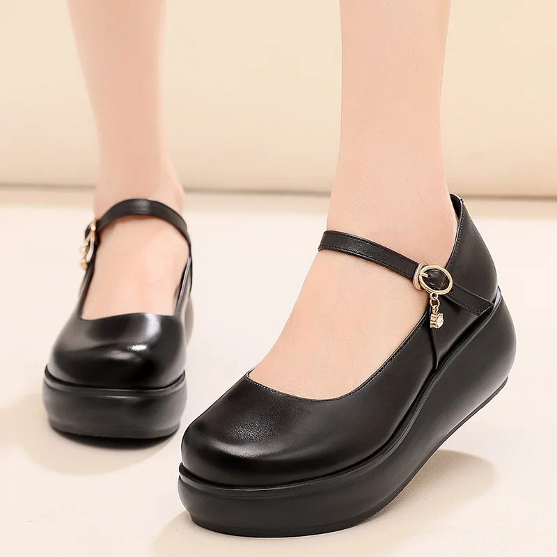 Breakj Breakj Skin Round Head Heel Slope And Shallow Mouth Single Shoes Waterproof Table Casual Leather Shoes Buckle With Loose Cake Thick-Soled Shoes Women Autumn
