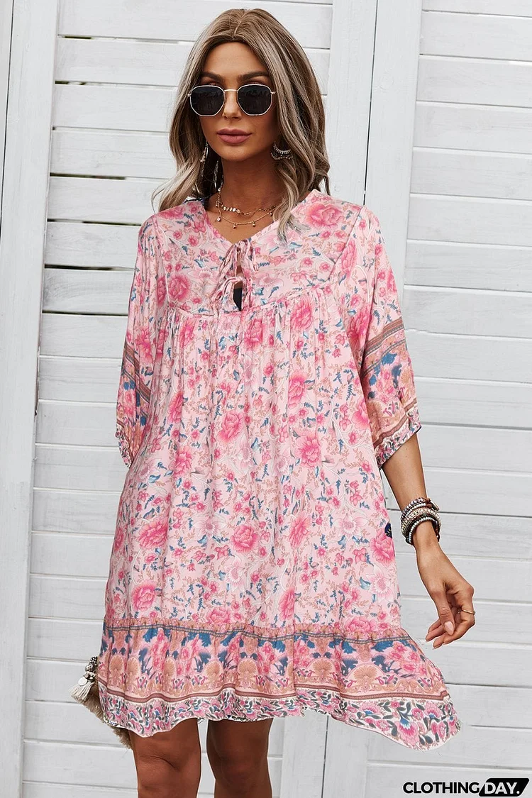 Bohemian Tie Neck Mini Dress