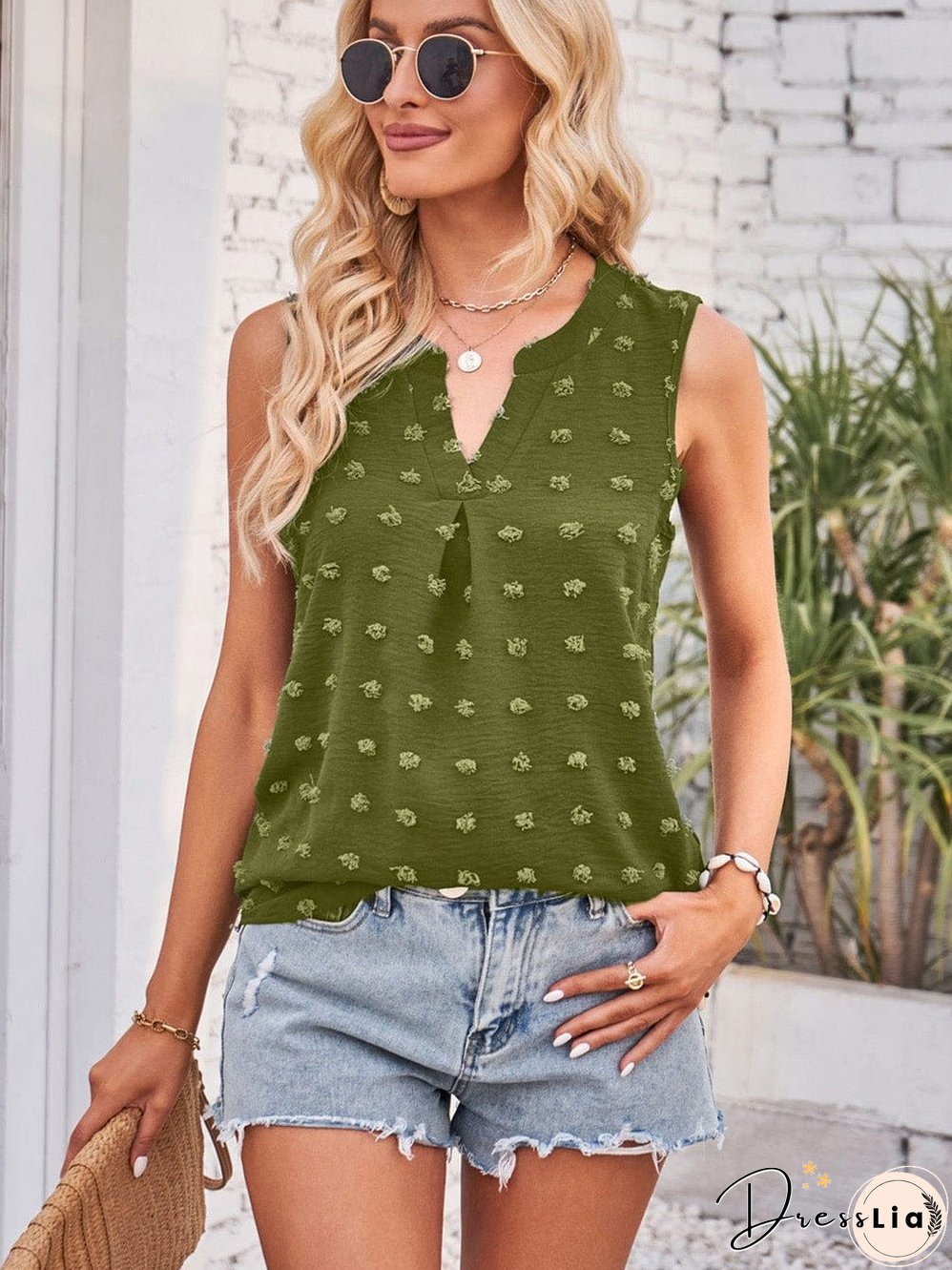 Pom V Neck Solid Color Sleeveless Mini Dress