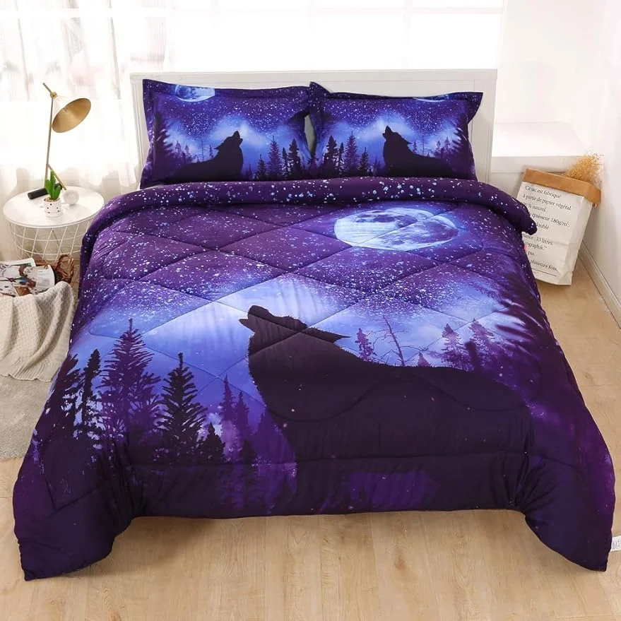 Blue Wolf Comforter Full Size, 3 Piece Starry Night Sky Howling Wolf Bedding Comforter Set, Wild Animal Themed Full Size Quilt Comforter Sets for All Seasons