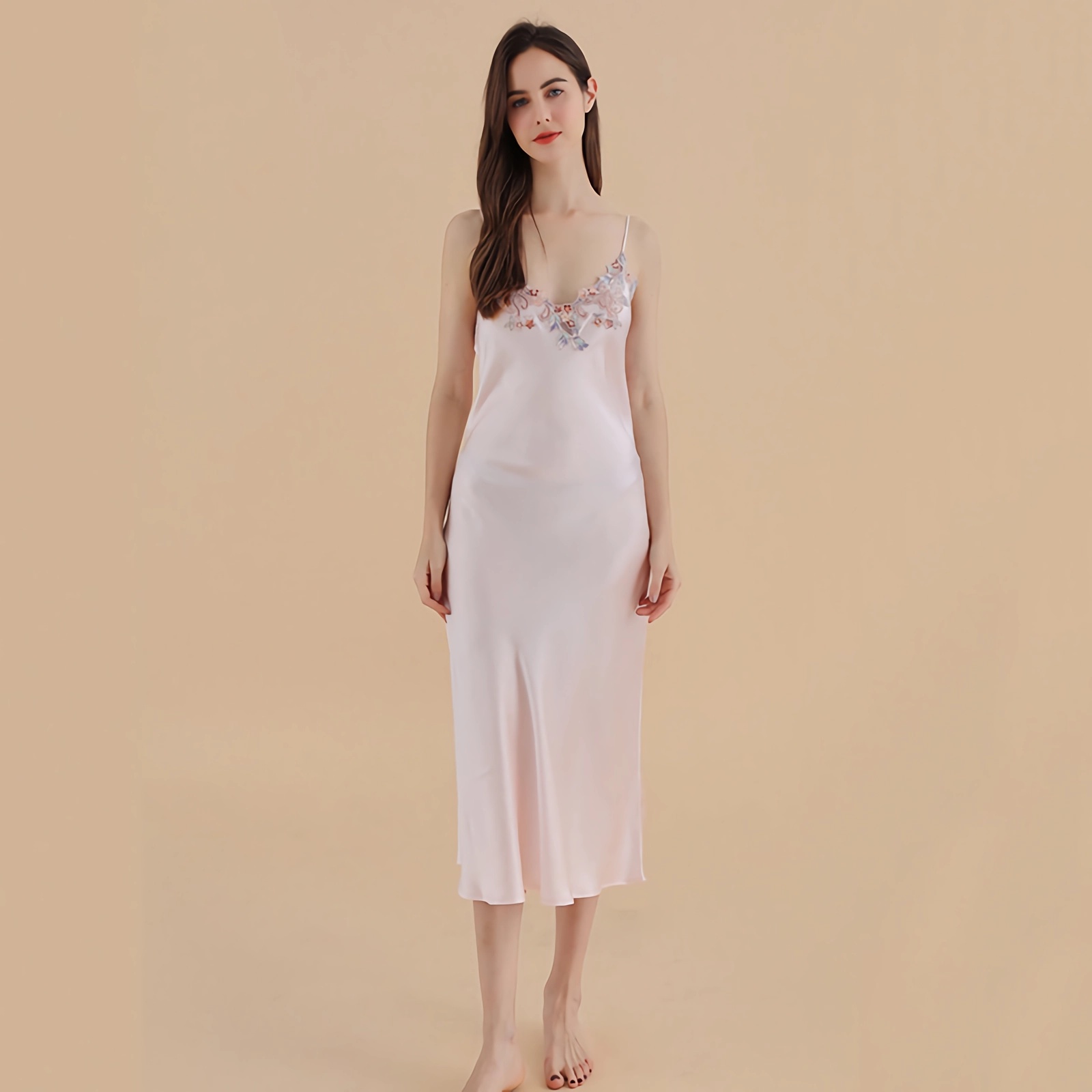 Long Silk Nightgown V-neck Embroidered Neckline REAL SILK LIFE