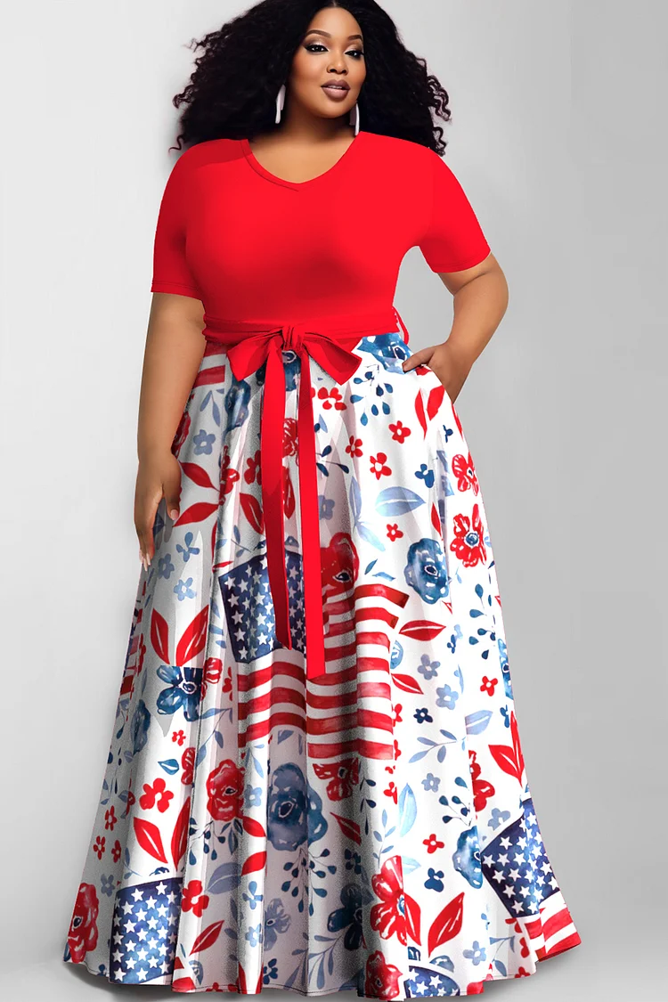 Xpluswear Design Plus Size Casual Red All Over Print V Neck Short Sleeve Wrap Pocket Maxi Dresses [Pre-Order]