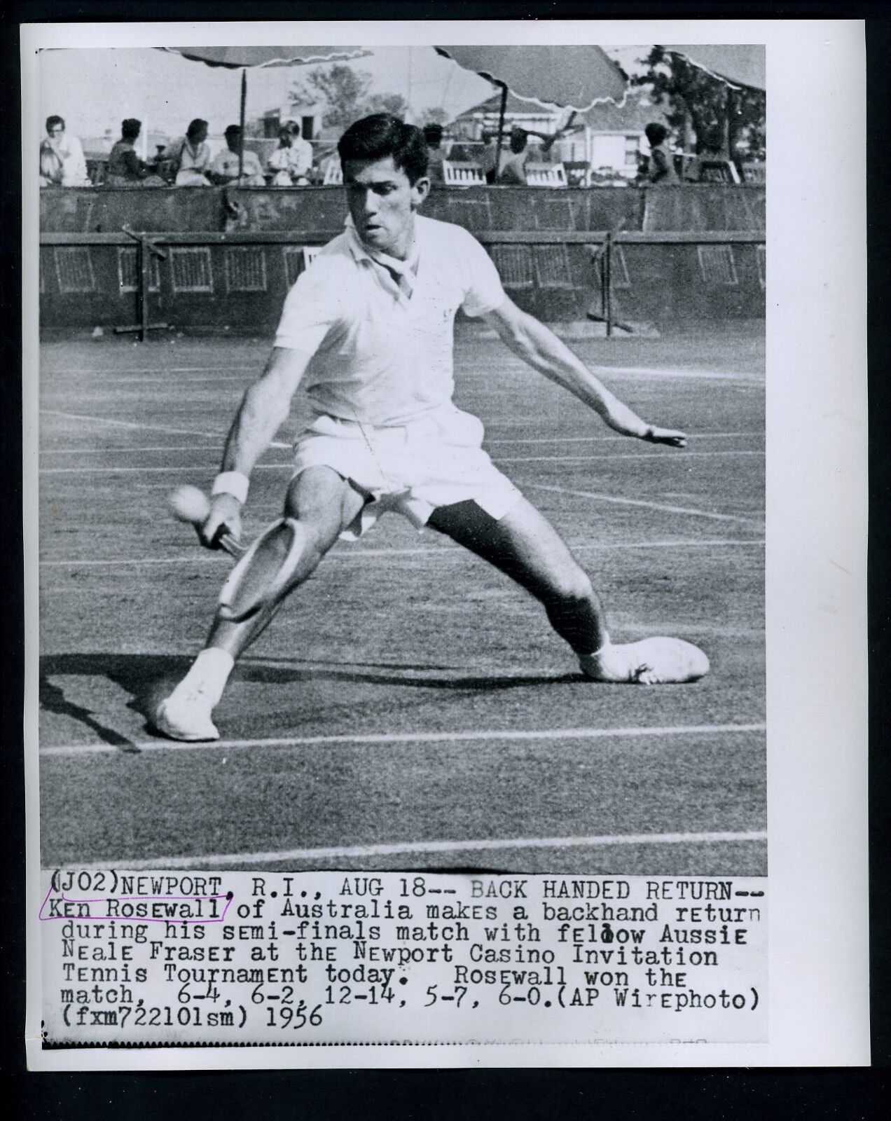 Ken Rosewall in action at Newport Casino Invitation Tennis 1956 Press Photo Poster painting