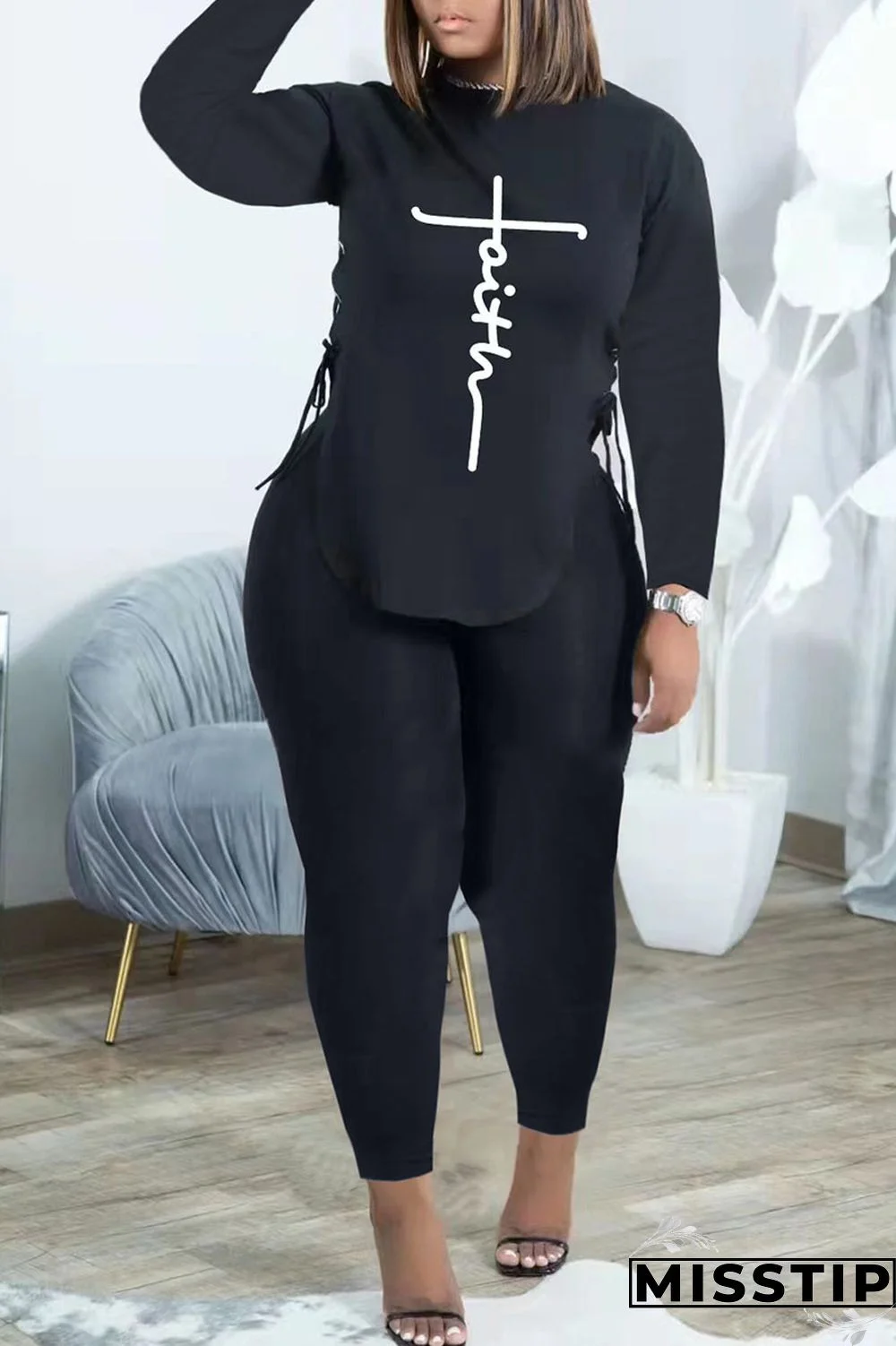 Brown Fashion Casual Print Bandage Patchwork O Neck Long Sleeve Two Pieces