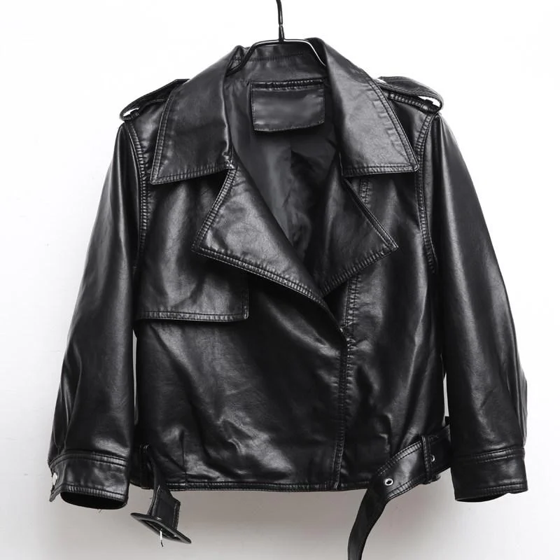 Ailegogo New Spring Women Loose Fit Faux Leather Jacket Casual Female Pu Leather Jackets Belt Short Black Biker Outwear Coats