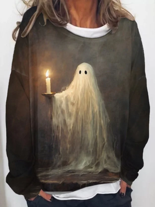 Women's Cute Small Ghost Holding Candle Sweatshirt