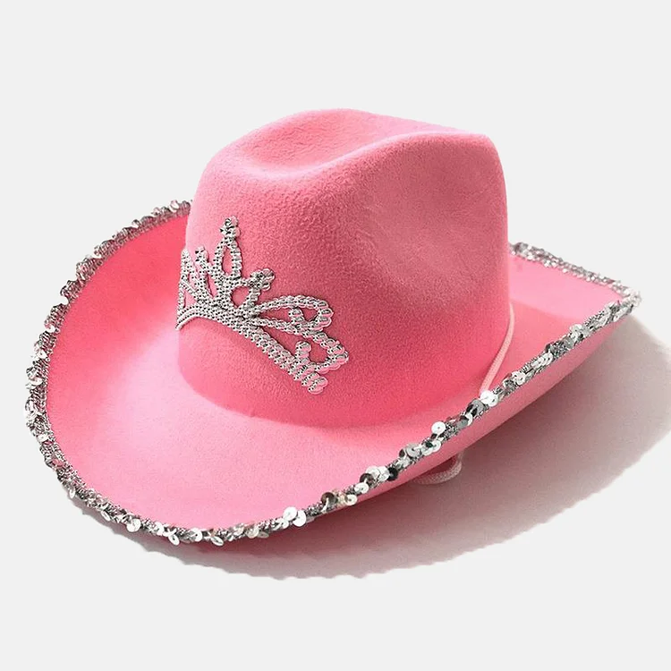 Sequin Rhinestone Crown Woolen Cowboy Hat-Pink