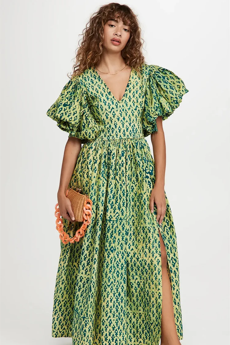 Printed Puff Sleeve V-Neck Slit Maxi Dress