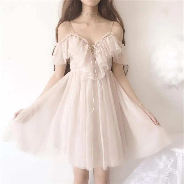 {High Quality} Beige Falbala Laced Tulle Dress SP13399