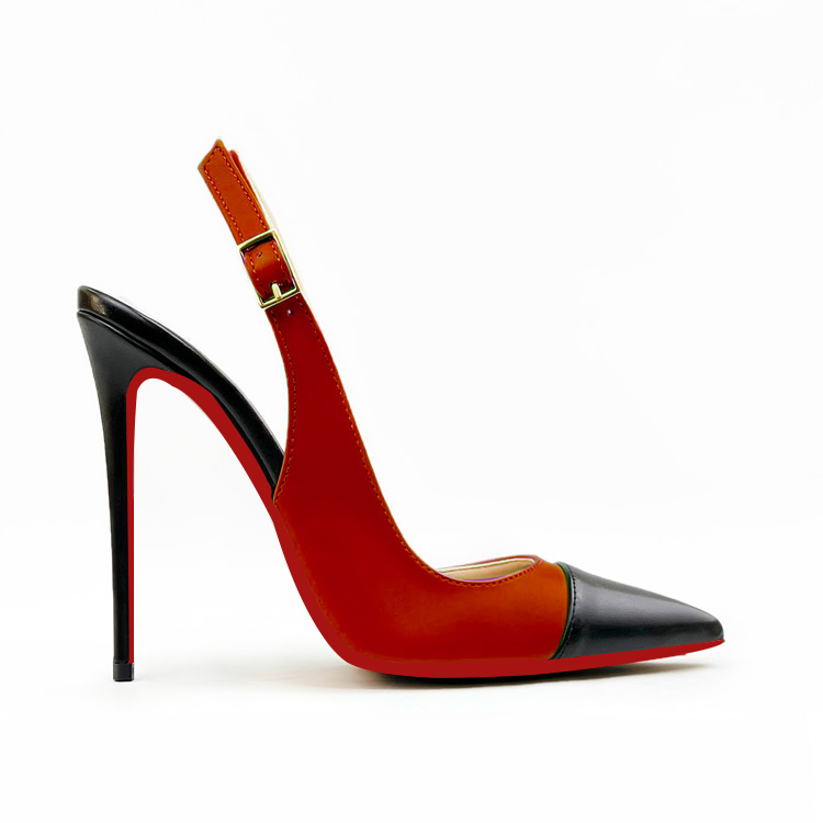 120mm/100mm Women's Sandals Black Stitching Pointed Toe Slingback Red Bottom Heels