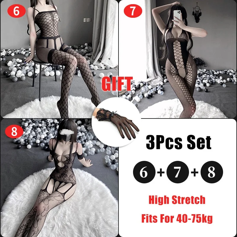 OJBK 3Pcs Sexy Lingerie Set Open Crotch Stretch Mesh Body Stockings 15 Style Teddies Bodysuit Erotic Outfit Plus Size Underwear
