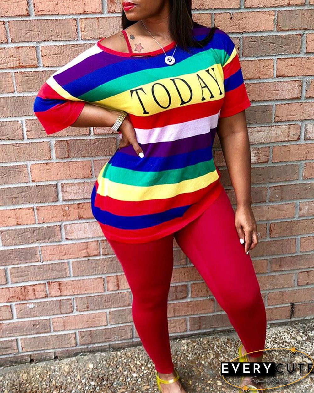 Striped Letter Print Top & Plain Pants Set