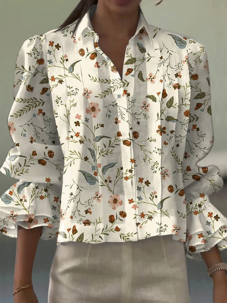 Women's Vintage Floral Art Print Casual Long Sleeve Cotton And Linen Shirt