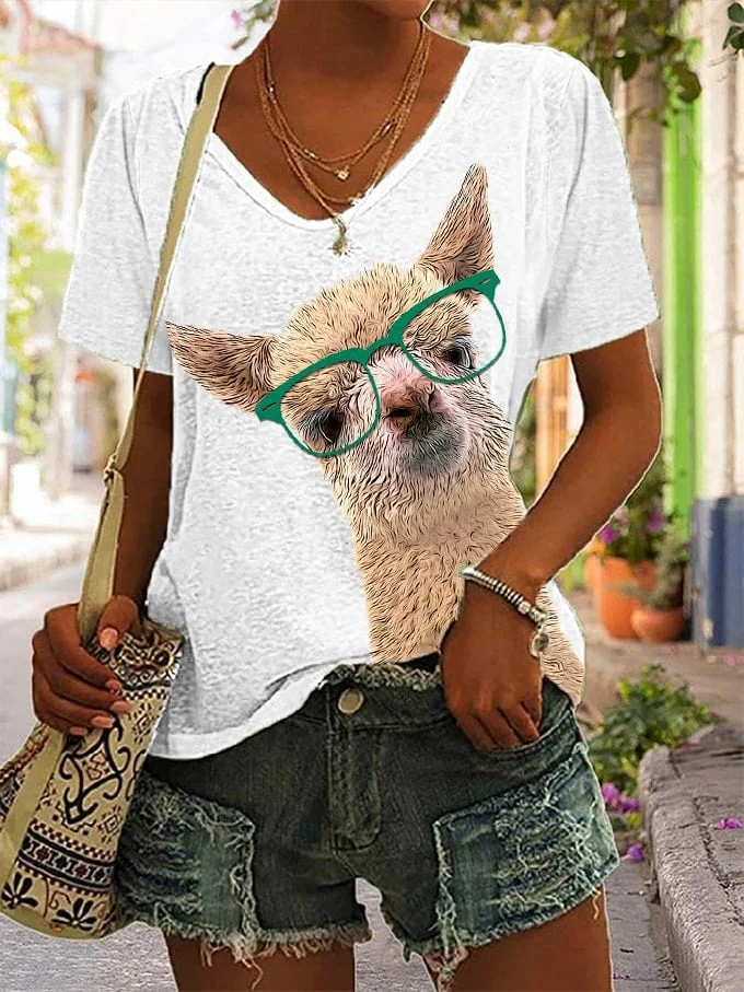 Women's Fun Funny Glasses Animal Alpaca Print V-neck Top socialshop