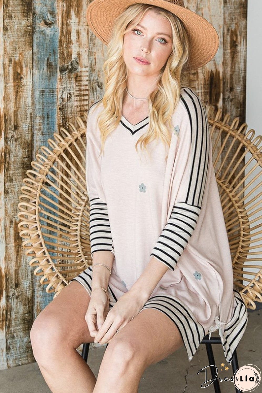 Jade By Jane Full Size Floral Striped V-Neck Slit Tunic Top