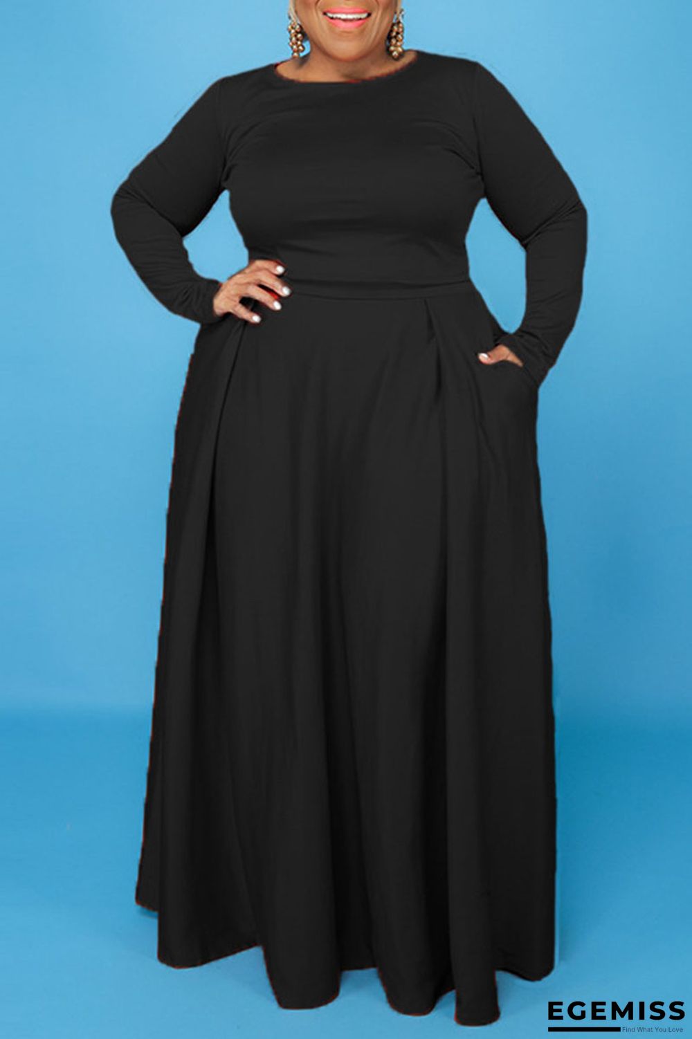 Black Fashion Casual Solid Patchwork O Neck Plus Size Two Pieces | EGEMISS