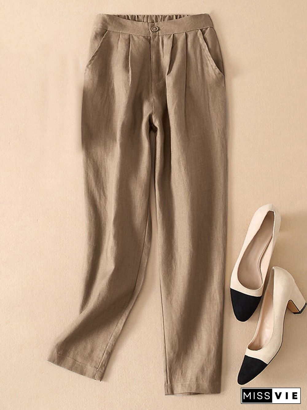 Solid Pocket Elastic Waist Casual Pants For Women