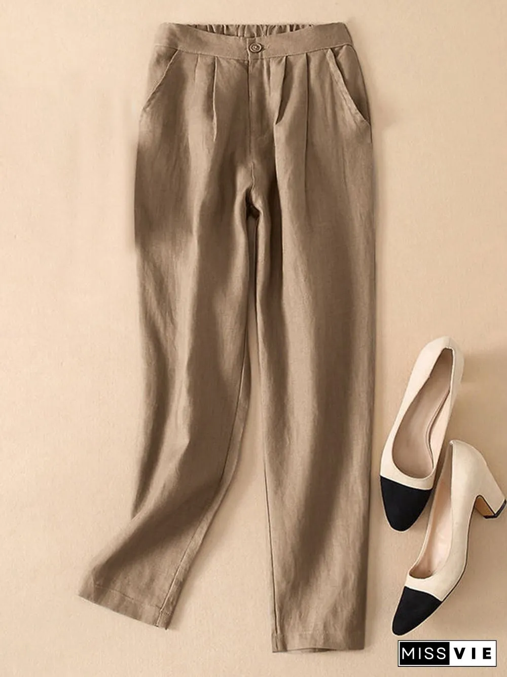 Solid Pocket Elastic Waist Casual Pants For Women
