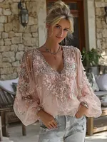 Women's Vintage Pink Rose Linen Blend V Neck T-shirt