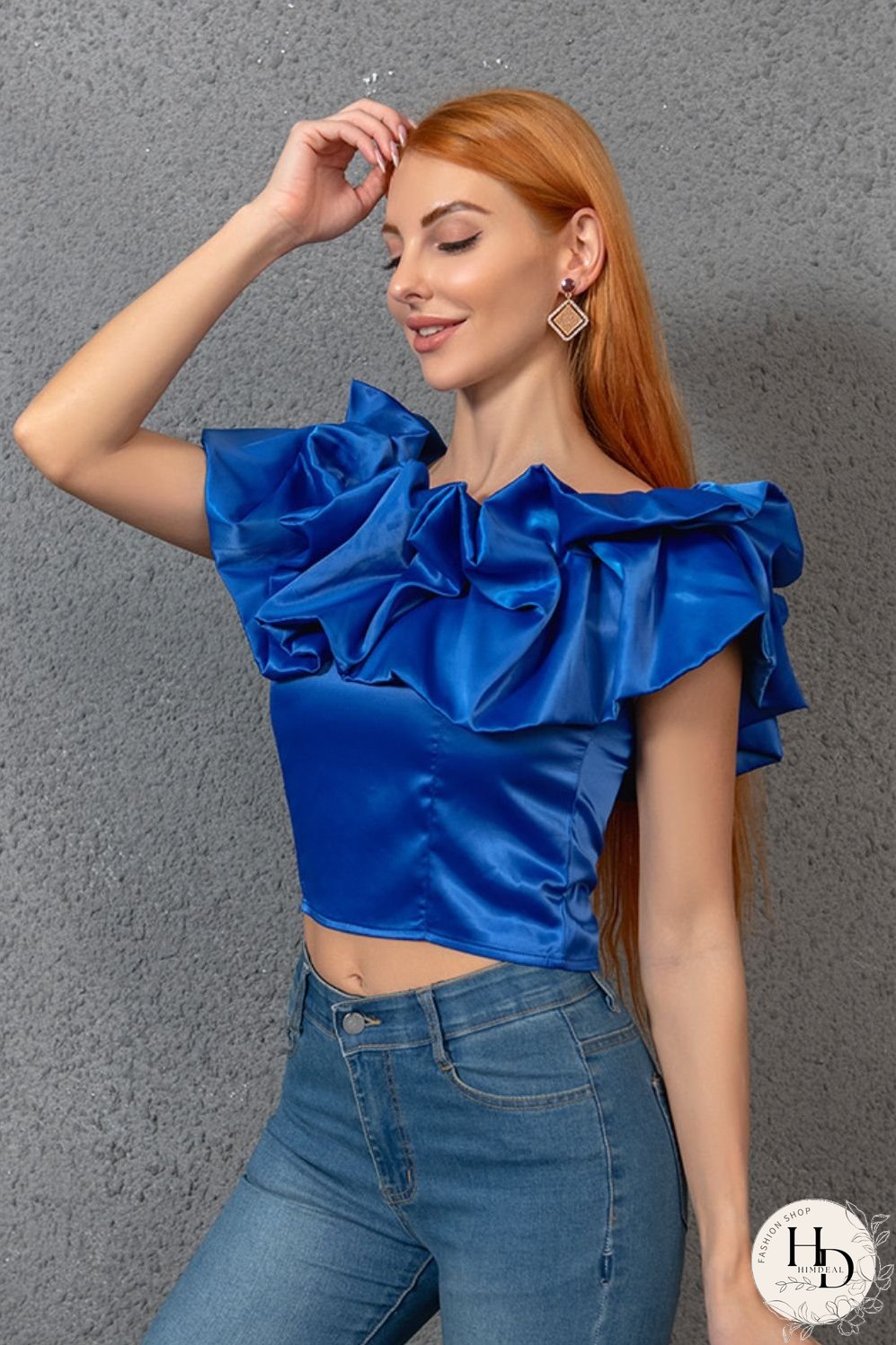 Cropped Ruffle Boat Neck Short Sleeve Blouse