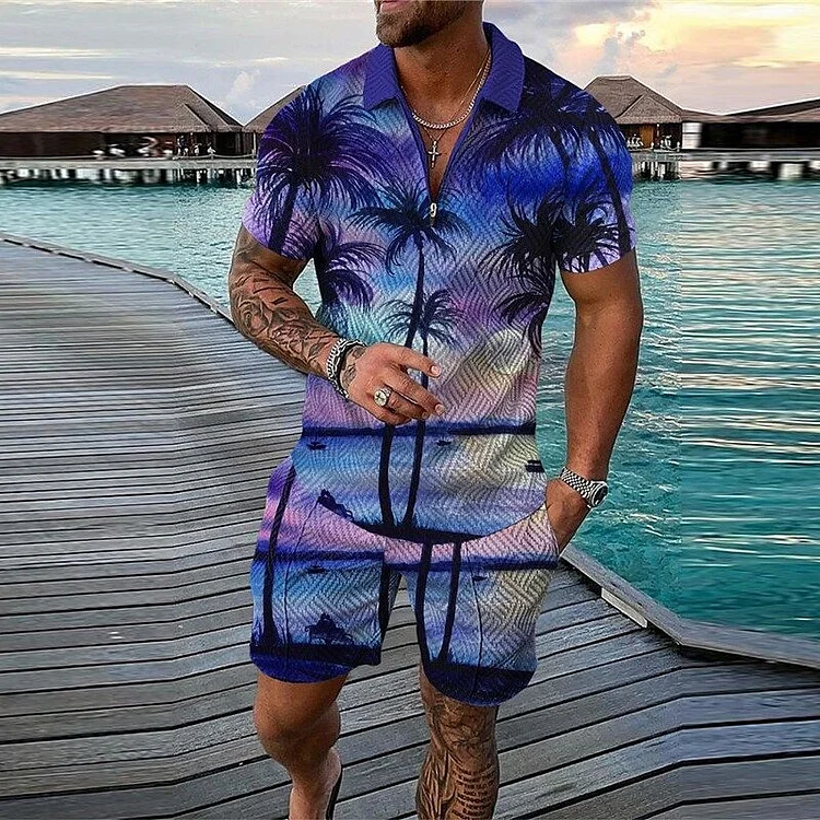 BrosWear Purple Sunset Coconut Grove Print Polo Shirt And Shorts Co-Ord