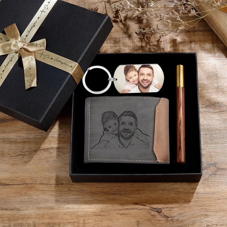 Personalized 2 Texts & 2 Photos Gift Set Wallet & Keychain & Pen Gift Box Set Father’s Day Gift for Him