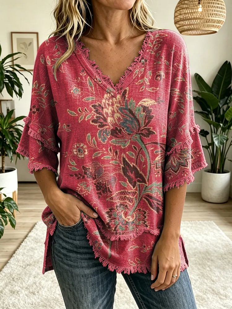 Women's Folk Floral Art Print V-Neck Tasseled Cotton Top