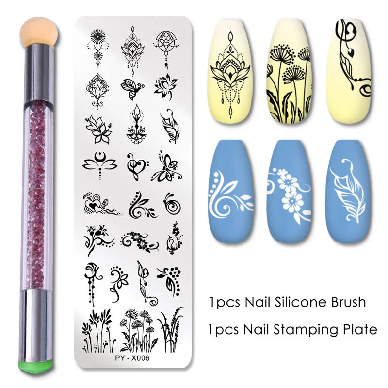 2Pcs/set Nail Stamping Plates Set Silicone Sponge Brush Polish Transfer Stencils Flower Geometry DIY Template for Nail Tools-Nail Inspo