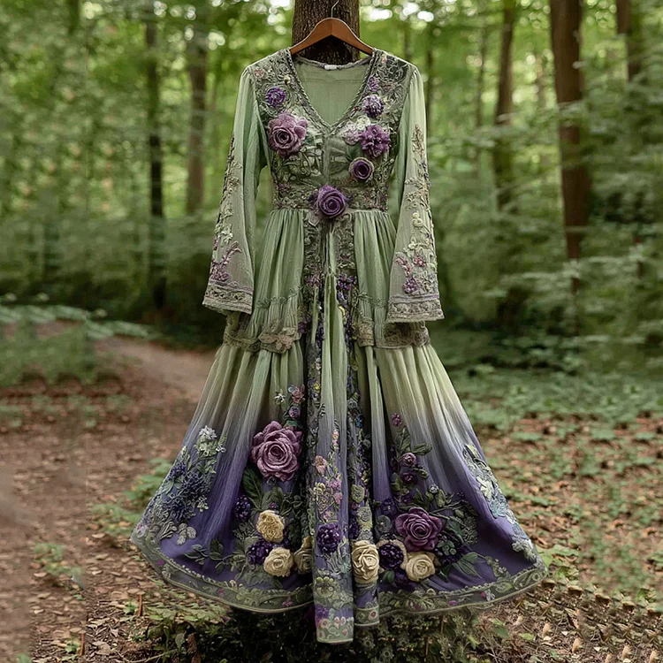 Classy Gradient Purple Lavender And Floral Embroidered Linen Maxi Dress