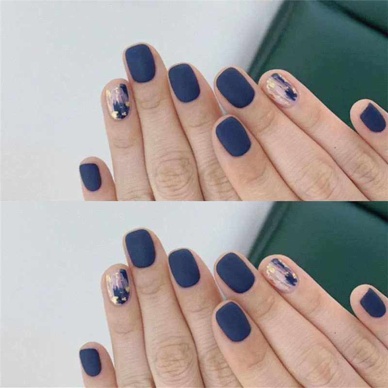 24pcs Acrylic Fake Nail with Glue Shinning Surface Purple Blue Short Square False Nail Art Decoration Accessories Press on Nails 928 515-Nail Inspo