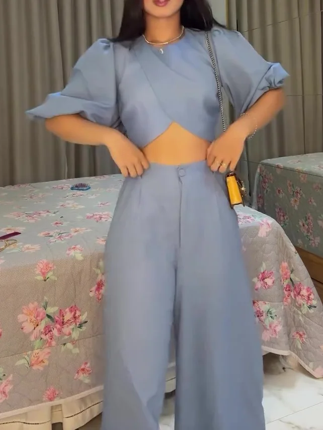 Solid Color Short Top & High Waist Pants Set