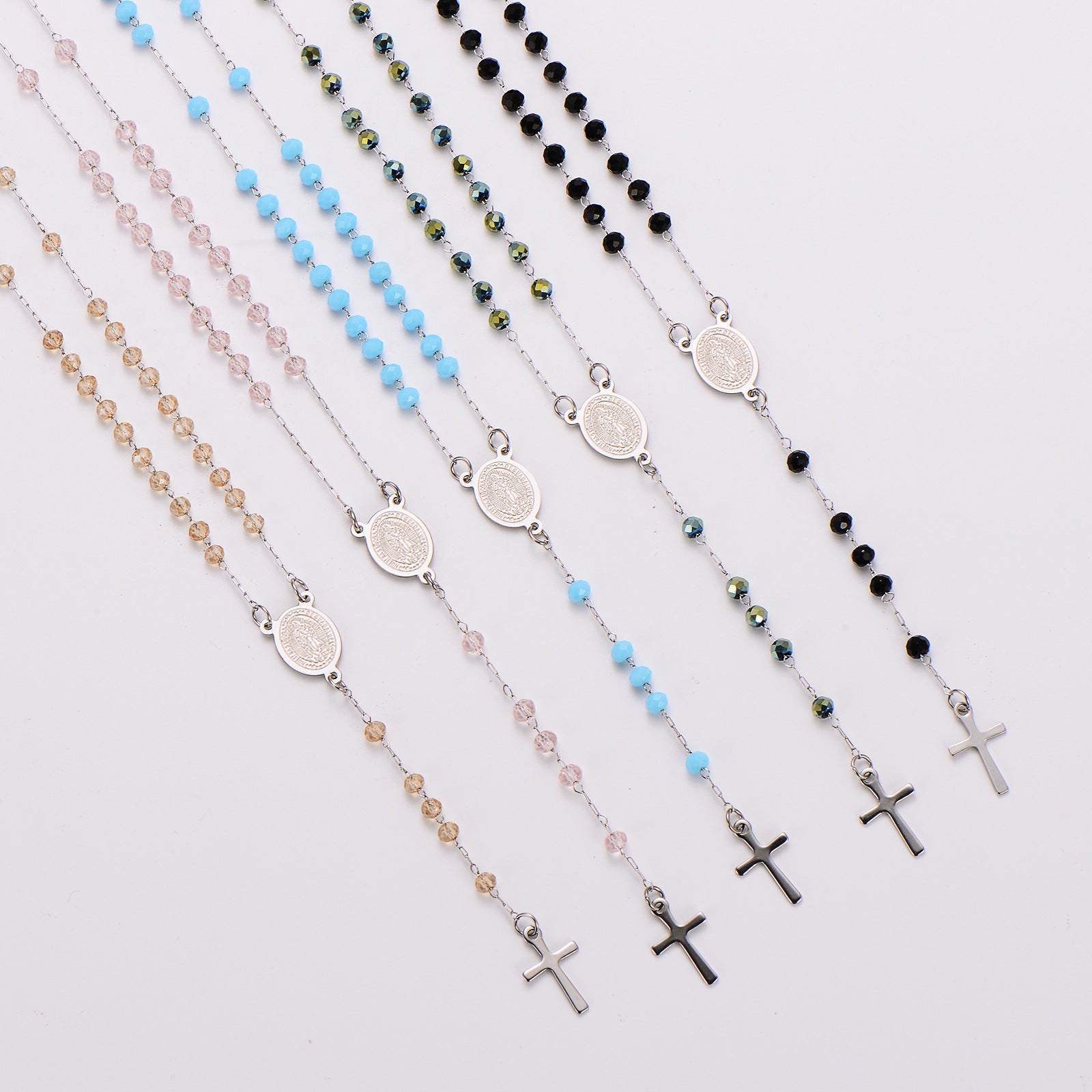 Aml Dopamine Color Crystal Beads Double-Sided Catholic Saint Benedict Portrait + Holy Medal Stainless Steel Long Necklace