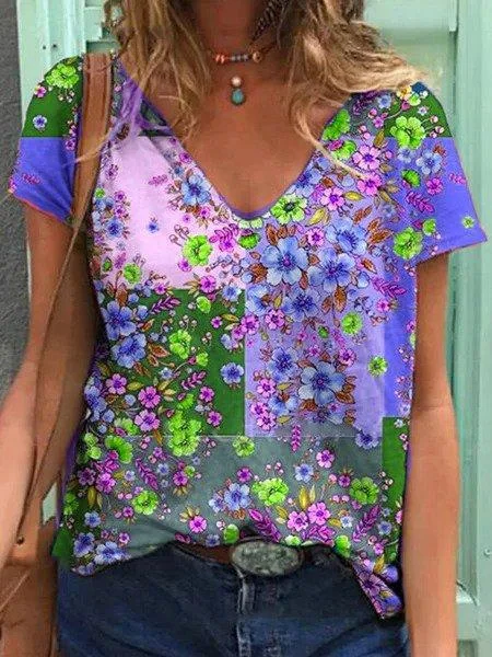 Casual Cotton-Blend V Neck Printed Shirts & Tops