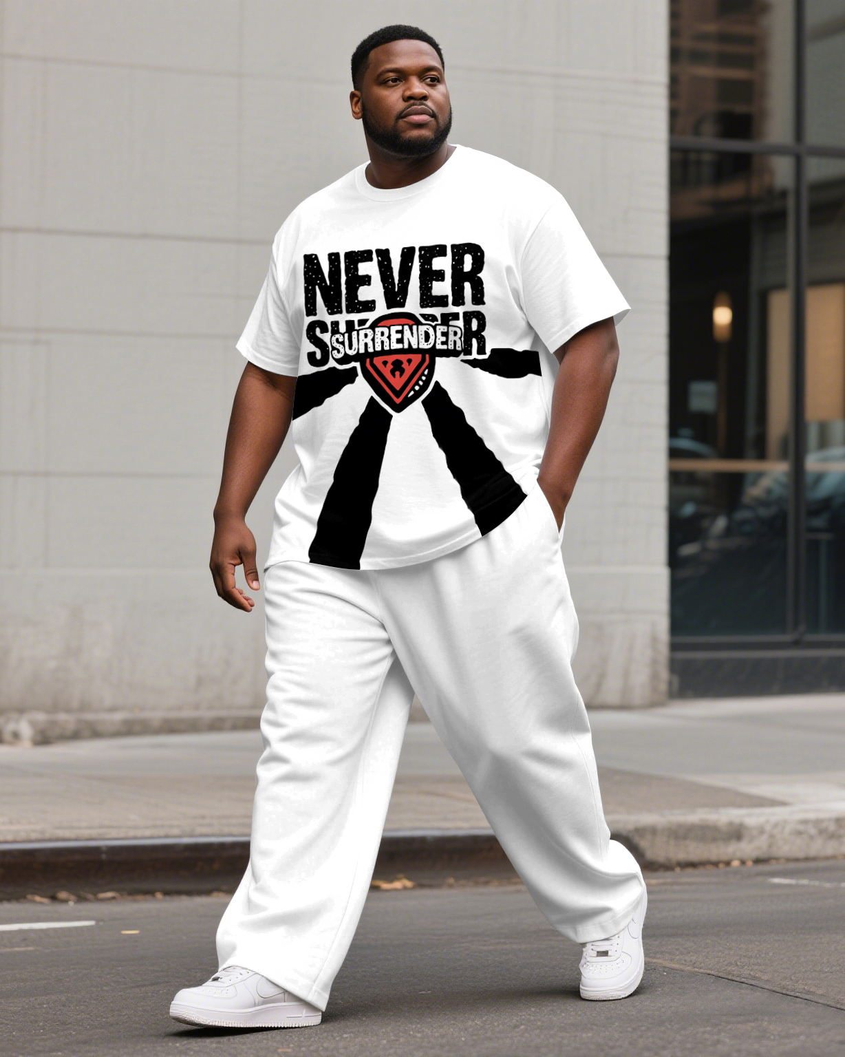 Men's Big & Tall Street Style NEVER SURRENDER Printed Casual Short Sleeve T-shirt Pants Suit