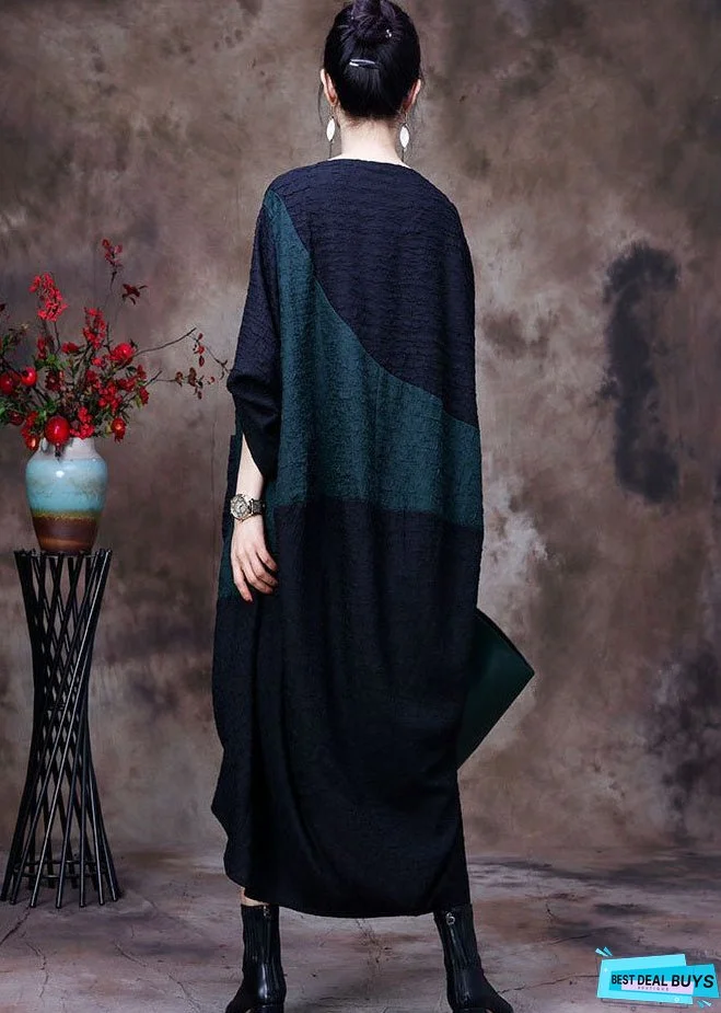 Plus Size Black V Neck Embroideried Patchwork Wrinkled Silk Dresses Long Sleeve