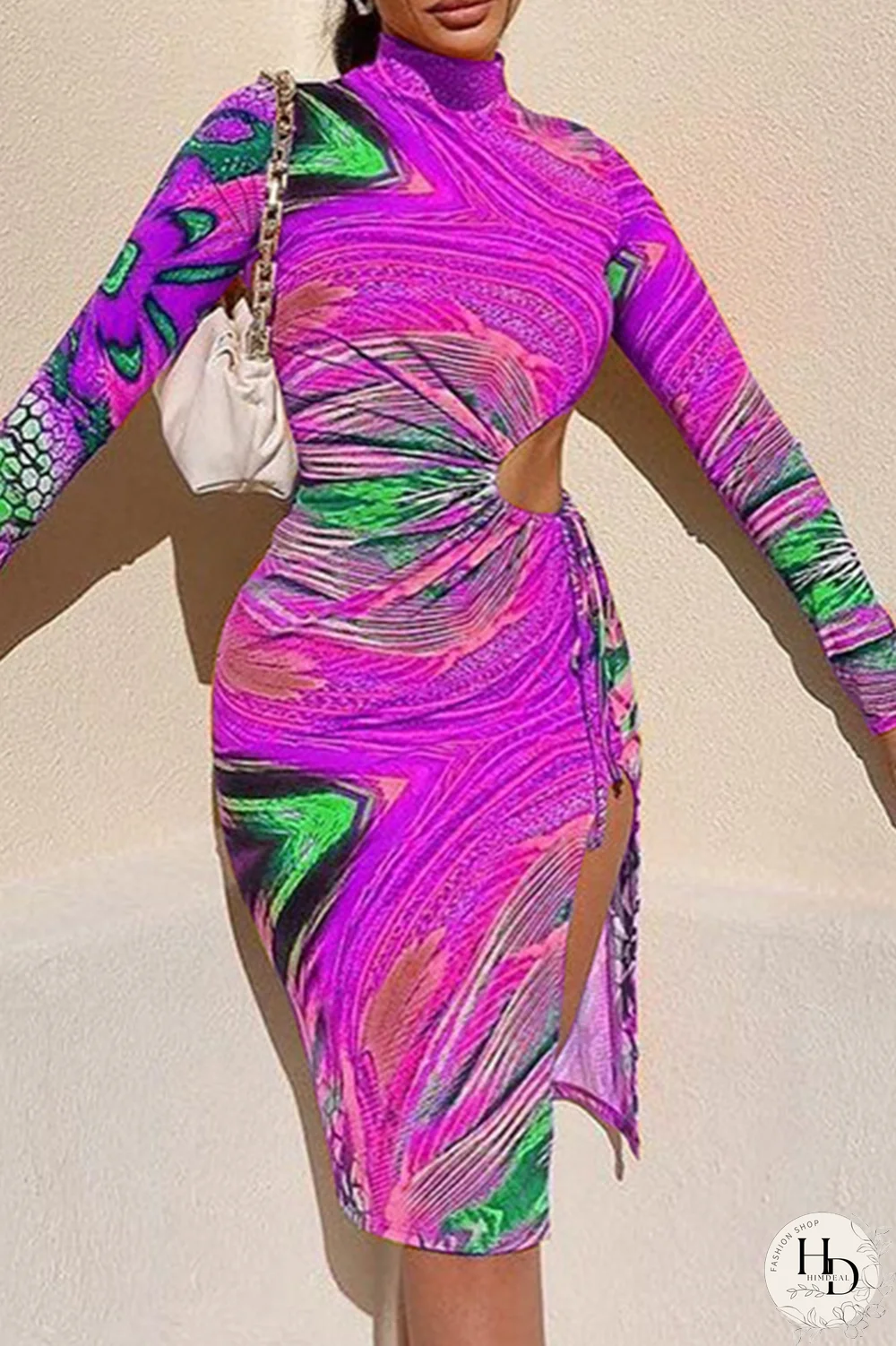 Tangerine Red Sexy Print Hollowed Out Half A Turtleneck Pencil Skirt Dresses