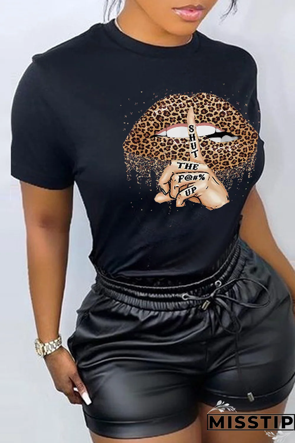 Orange Street Lips Printed Patchwork O Neck T-Shirts