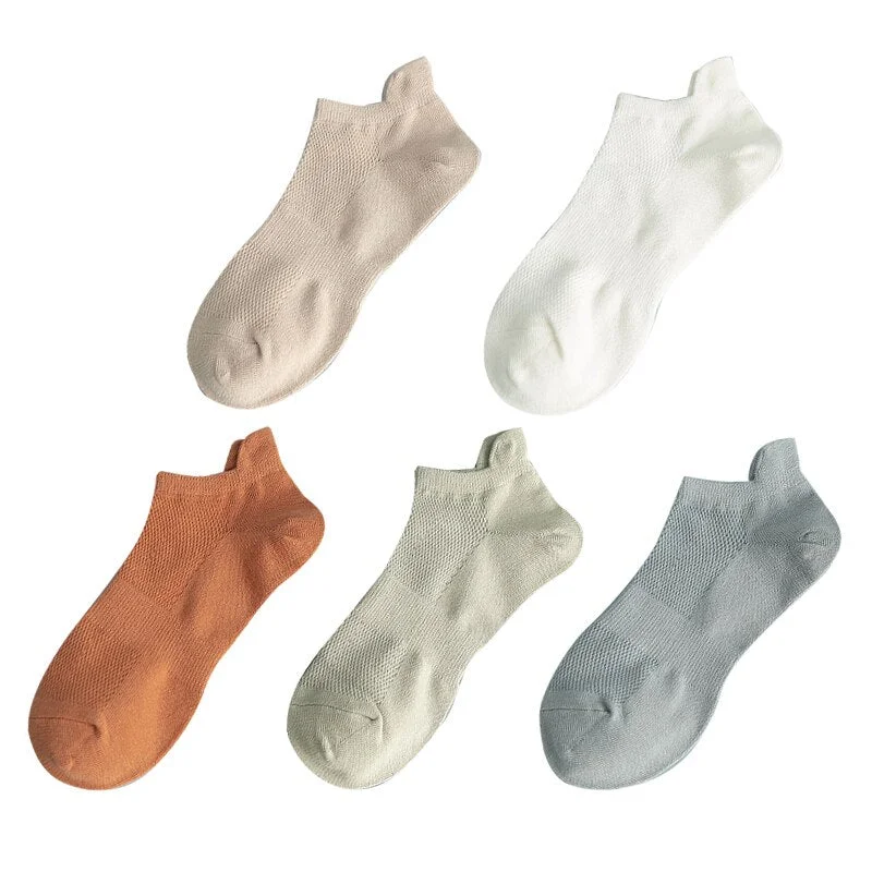 5 Pairs Women Socks Breathable Sports Socks Pack Solid Color Comfortable Cotton Novelty Mesh White Fashion Street Ankle Sock Set