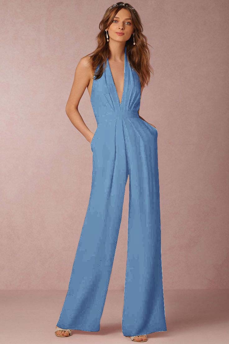 Hidais Stylish Black Halter Sleeveless High Waist Long Wid-Leg Jumpsuit with Pleated