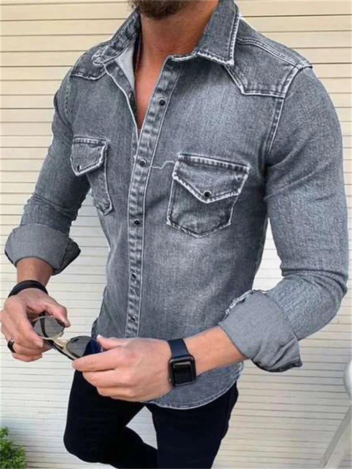 Men's Denim Shirt Solid Color Collar Black Blue Royal Blue Light Blue Gray Street Daily Long Sleeve Button-Down Clothing Apparel Denim Casual Comfortable Pocket | 168DEAL