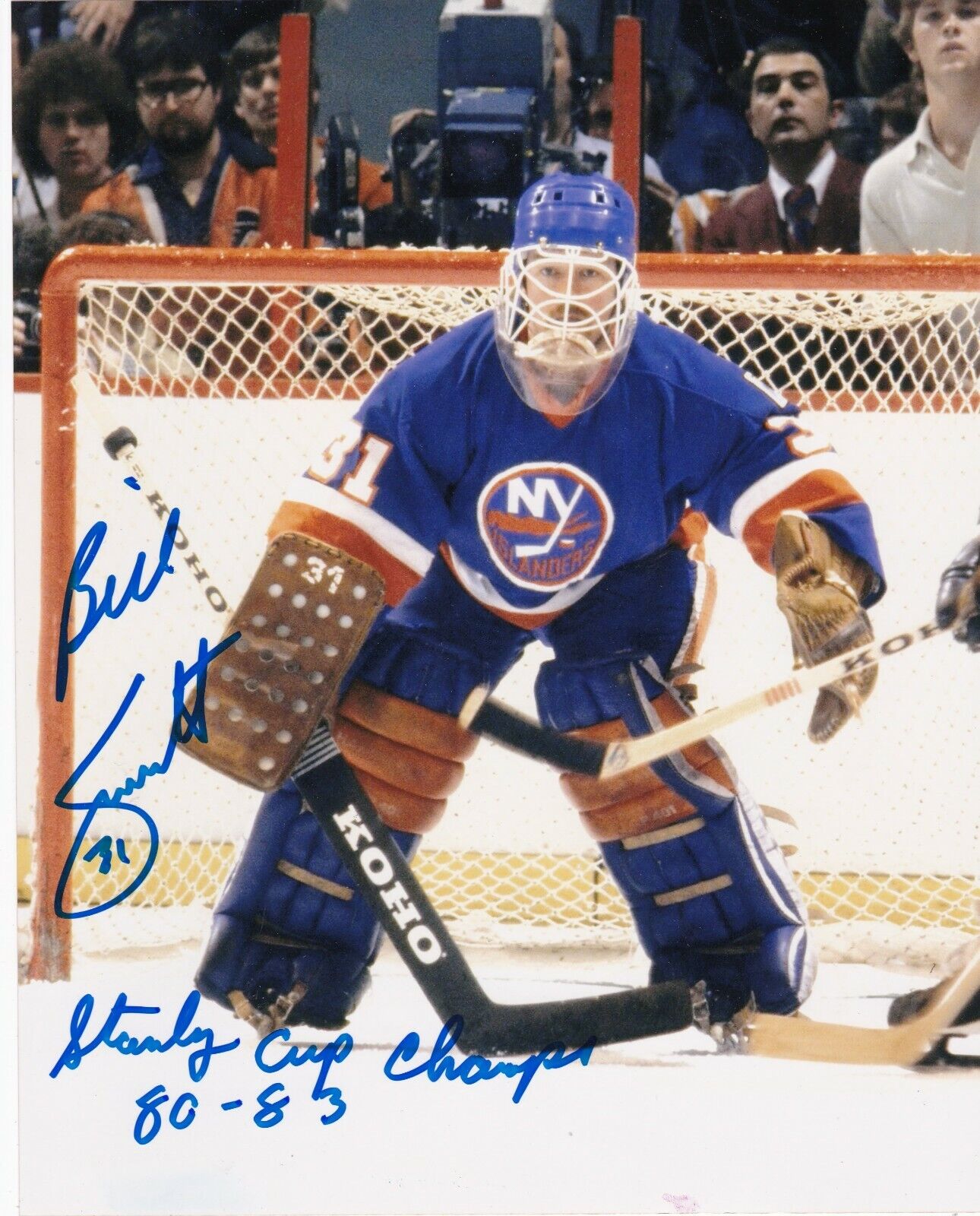 BILLY SMITH NEW YORK ISLANDERS STANLEY CUP CHAMPS 80-83 ACTION SIGNED 8x10