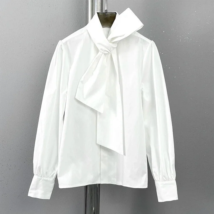 Retro White Tie Buttoned Minimalist Long Sleeve Shirt