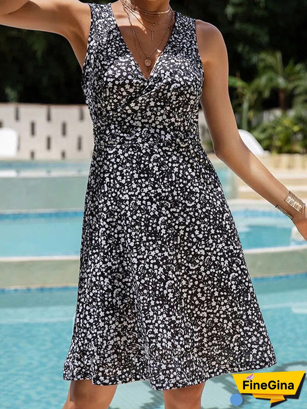 Women'S Dresses V-Neck Floral Lace-Up Sleeveless Dress