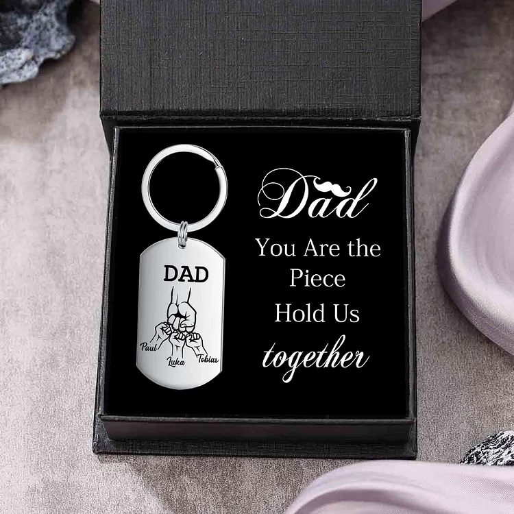 3 Kids' Names-Custom Dad Fist Bump Keychain Set With Gift Card Gift Box For Dad