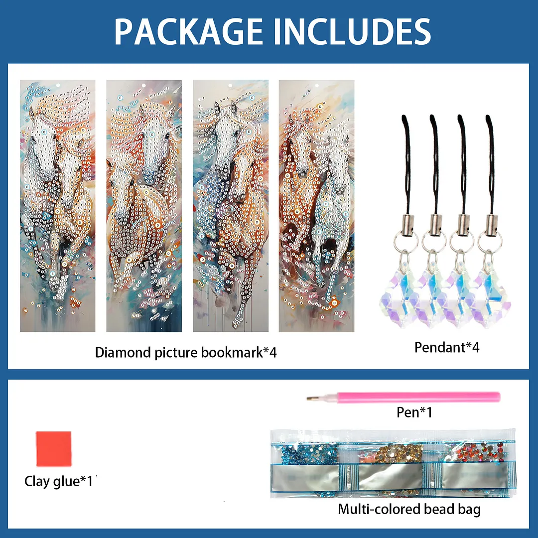 4Pcs Galloping Horse DIY Diamond Bookmark Art Projects Irregular Shaped Diamonds Diamond Painting Art Bookmarks with Crystal Pendants for DIY Making Beginners Adult Art Craft Supplies