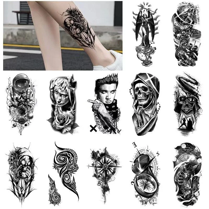 12sheets Lion Tiger Waterproof Tattoo Stickers Men Women Half Arm Calf Water Transfer Fake Tattoo Animal Pattem Temporary Tattoo