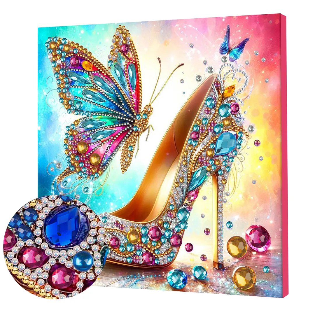 Butterfly High Heels Special Shaped DIY Large Diamond Painting Kit w/ Frame 9.84x9.84inch