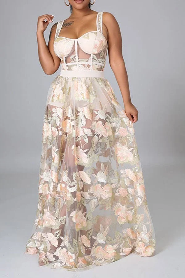 Floral Embroidery Glamorous See-Through Maxi Dress