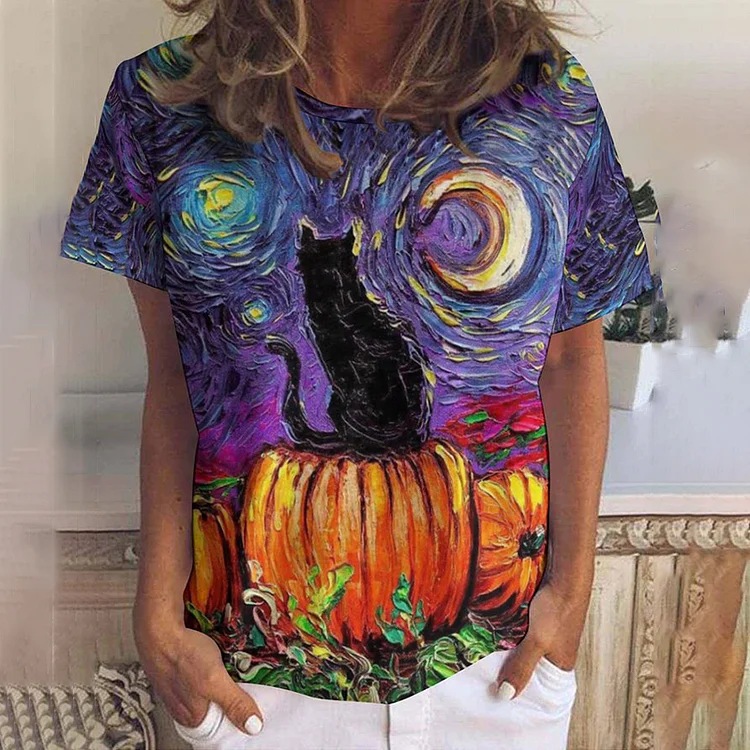 Oil Painting Cat Pumpkin Print Crew Neck T-Shirt