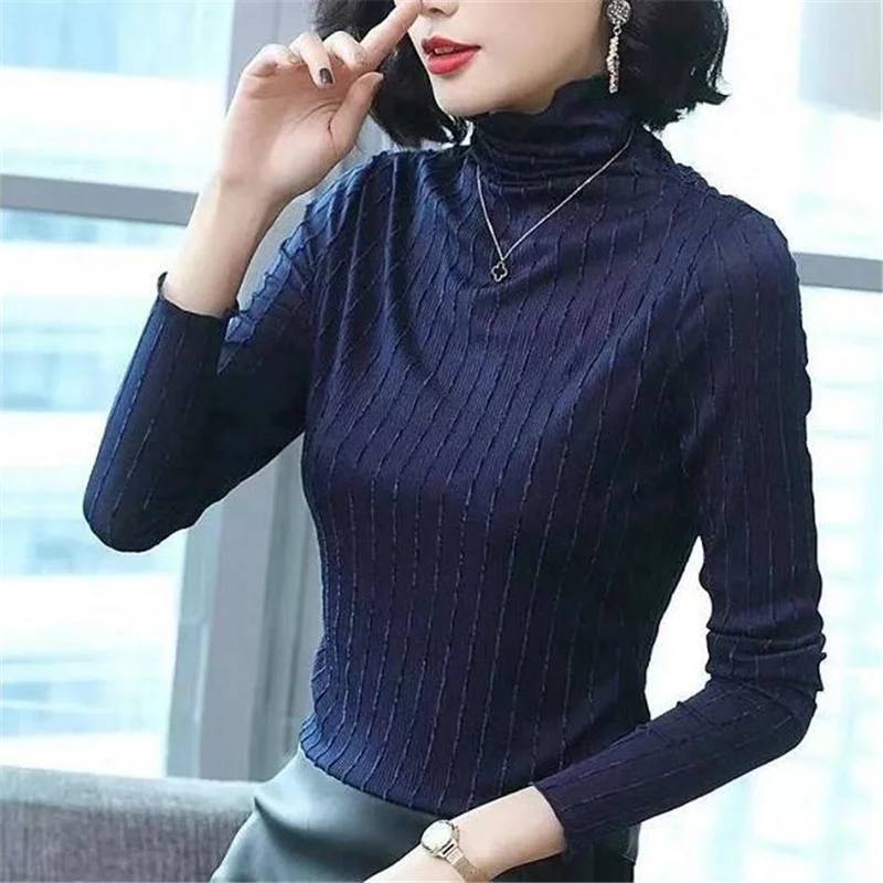 Fashion Women Tee Striped Elastic Top Semi-high Collar Ruffled Long-sleeved Bottoming Tshirt Autumn Pullover Thin Female T-shirt